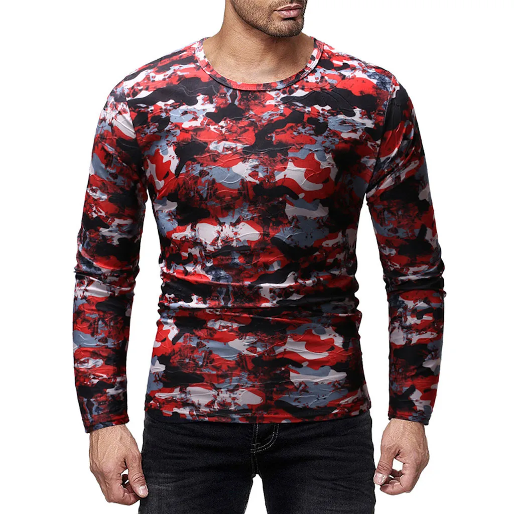 

New Fashion 2019 new top High elasticity slim Men Casual O-Neck Printed Long Sleeve crewneck Camouflage Street clothing