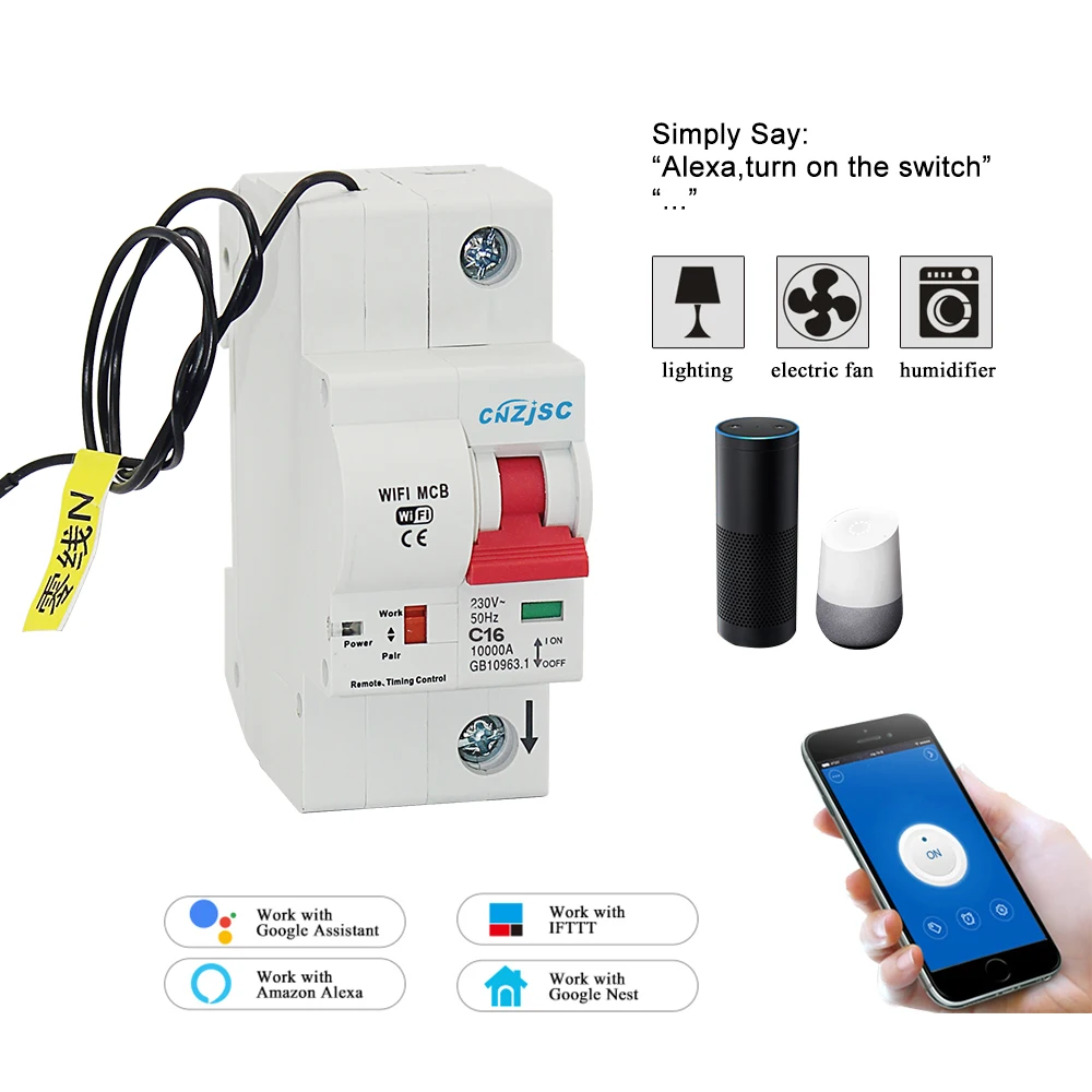 

1P 10A WiFi Smart Circuit Breaker Automatic recloser overload and short circuit protection for Amazon Alexa and Google home