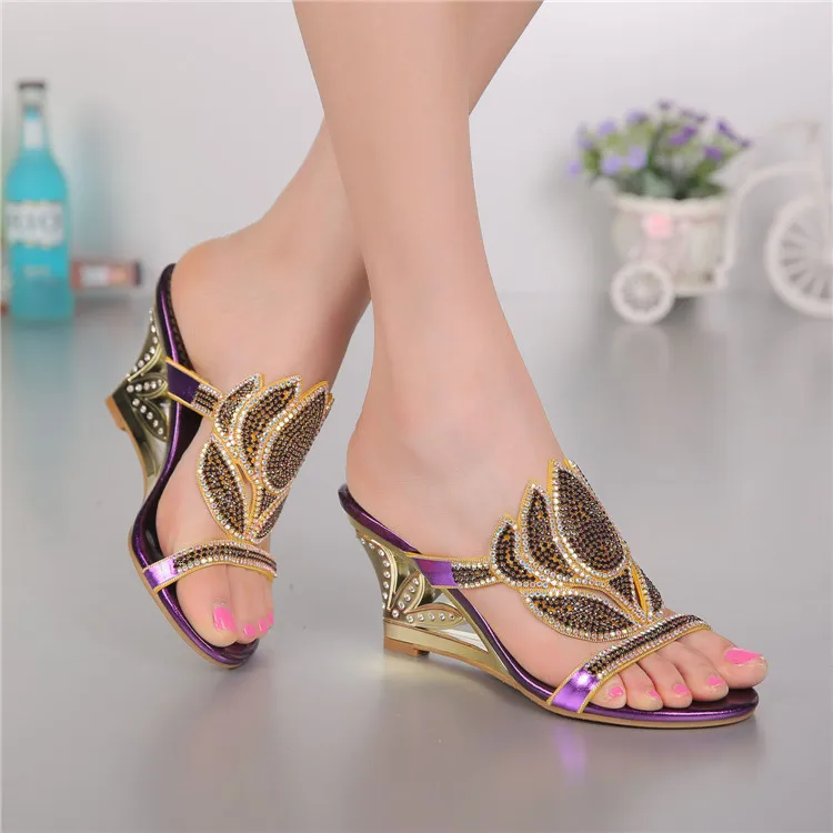 Purple Korean Sexy Diamond Fashion Casual Open Toe Slippers With Heel Womens Shoes Large Sizes High Heels Sandals Wedges 2016-2