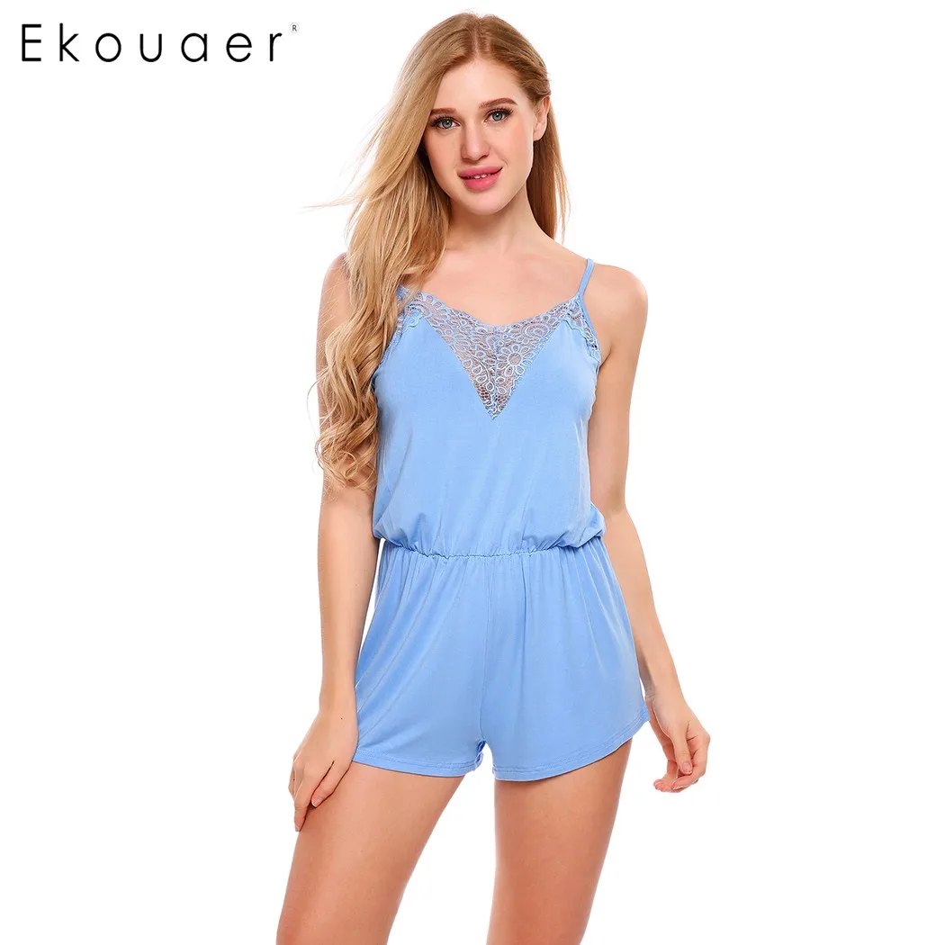 Ekouaer Casual One Piece Jumpsuit Geral Com Decote Em V Sem Mangas Lace Trim Romper Verão Mulheres Colthing Sólida Casa Roupa de Dormir
