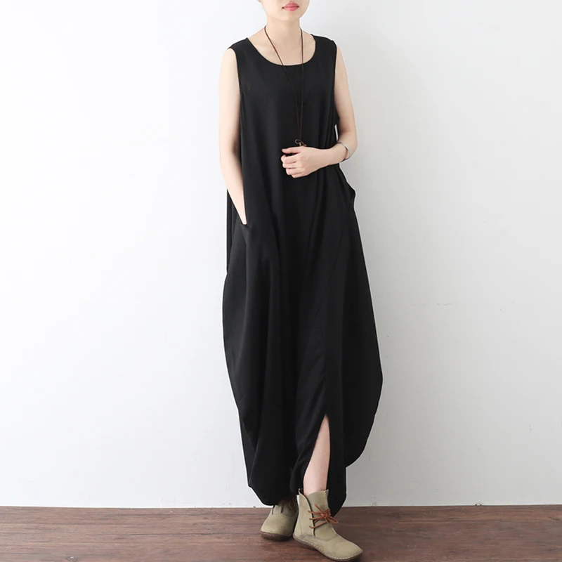 Rompers Women Jumpsuit Summer ZANZEA Long Playsuit Overalls Solid Casual Loose Sleeveless Pockets Maxi Robe Femme Plus Size - Цвет: Black