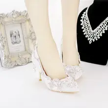 Custom White Lace Silver Rhinestones Women Wedding Shoes High Heels Beautiful Bridal Shoes Ladies Party Pumps Size EU34-40