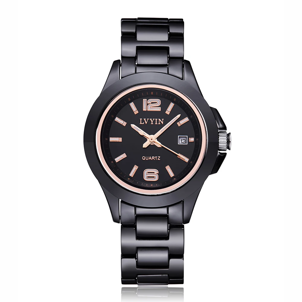 LVYIN керамические парные часы, брендовые роскошные черные часы для влюбленных женщин и мужчин, Relojes Hombre с коробкой, кварцевые часы с календарем 6815