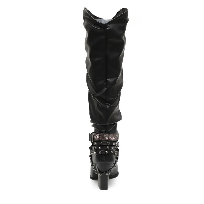 LIN KING/модные женские высокие сапоги; рыцарские сапоги со стразами; сапоги в байкерском стиле в стиле ретро; сапоги до колена на квадратном каблуке с круглым носком; большие размеры 43