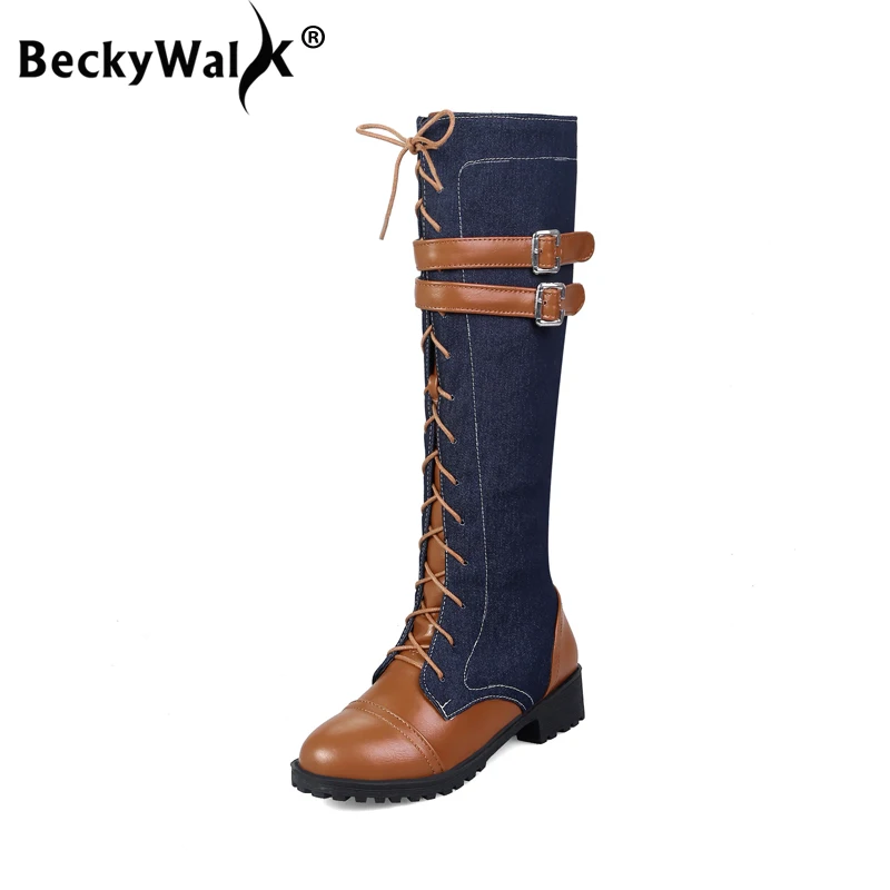 

BeckyWalk New Fall Women Thick Heel Knee High Boots Fashion Lace-Up Plush Winter Boots Women Denim High Motorcycle Boots WSH3026