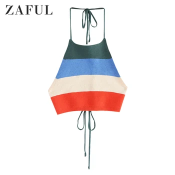 

ZAFUL Tied Color Block Knitted Tank Top Sexy Sleeveless Halter Summer Crop Tops Women Open Back Tank Streetwear Cami Tops Female