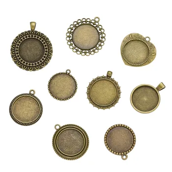 

250g Tray: 25mm Antique Bronze Plated Mixed Shape Alloy Pendant Cabochon Settings; 31~43.5x28~35x1.5~3mm, Hole: 3~3.5mm