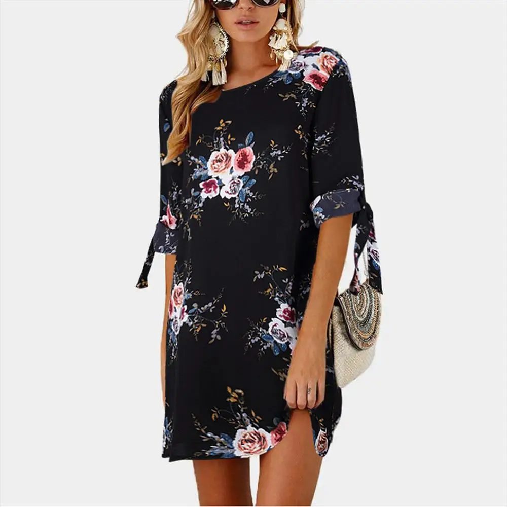 Женское летнее платье в стиле бохо, шифоновое пляжное платье с цветочным принтом, туника, сарафан, свободное Мини платье для вечеринки, vestidos размера плюс 5XL - Цвет: BLACK