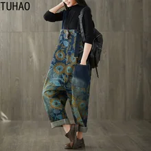 TUHAO размера плюс женские летние винтажные Широкие штаны джинсовый комбинезон, джинсы свободные Рабочие Комбинезоны Комбинезон ретро принт комбинезоны LLJ