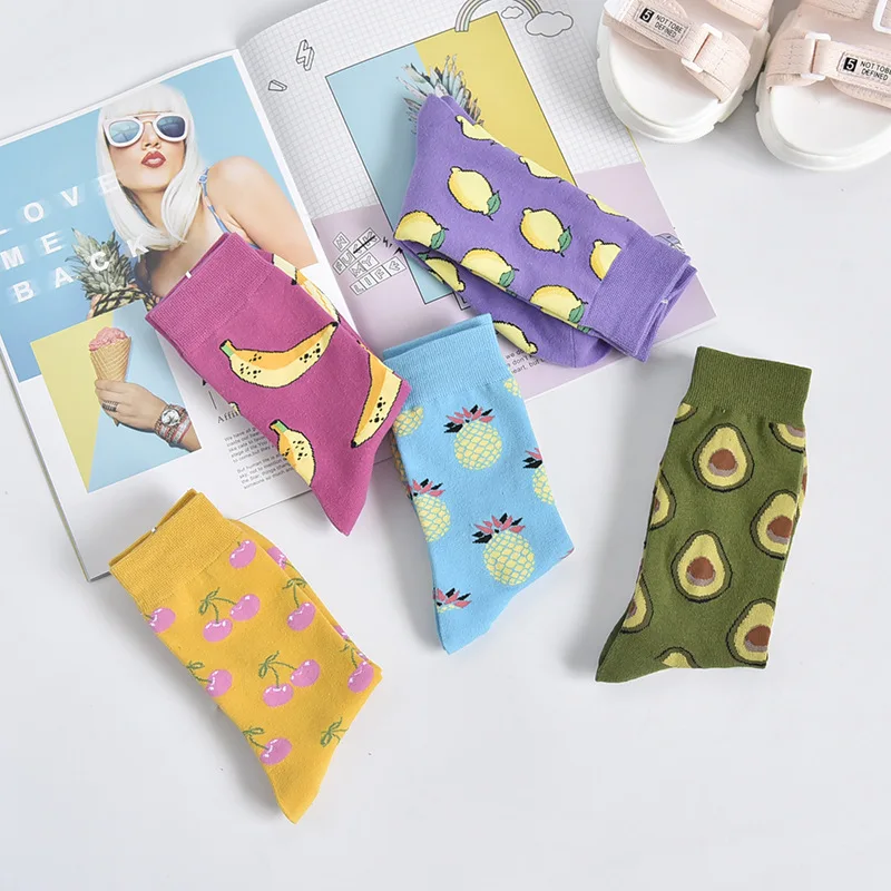 

Women Socks Funny Cute Cartoon Fruits Banana lemon pineapple avocado Food Happy Japanese Harajuku skateboard Socks