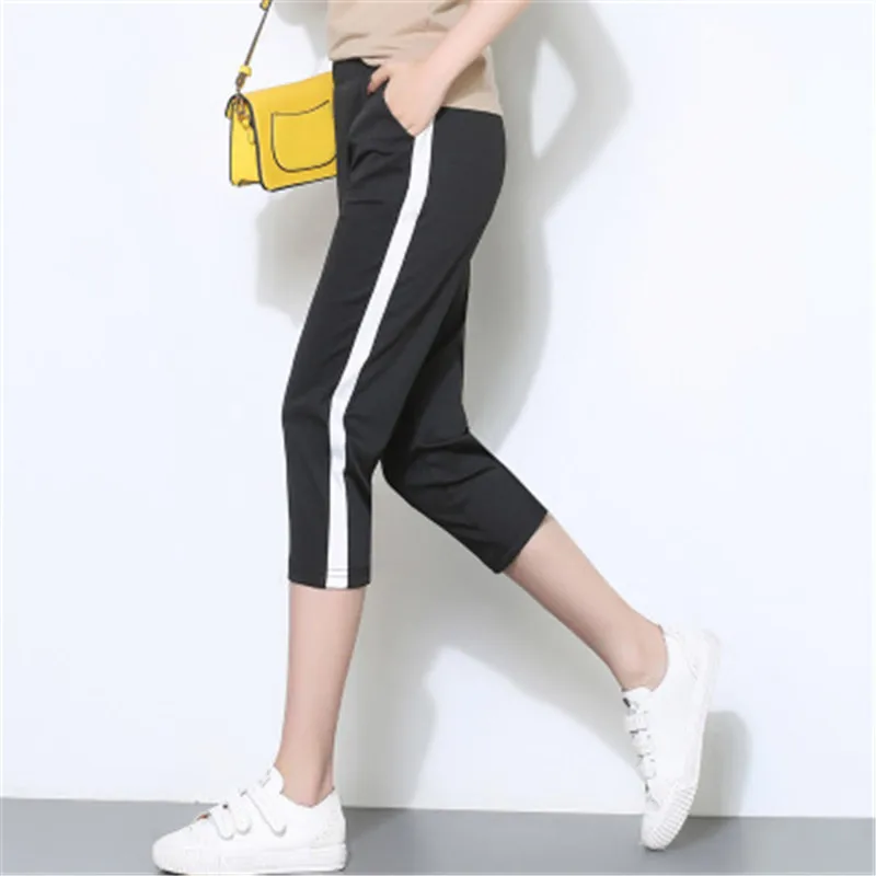 

Women Brand Casual Sports Pants Spring Summer Europe Girls Black Patchwork White Edge High Waist Elastic Band Cropped Trousers
