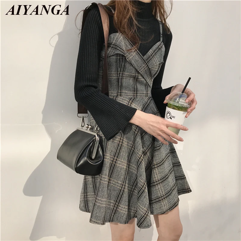 

New Winter Dress Woolen 2018 Women Autumn Fashion Warm Plaid V Neck Wool Sarafan Dresses Female Casual Spaghetti Strap vestido