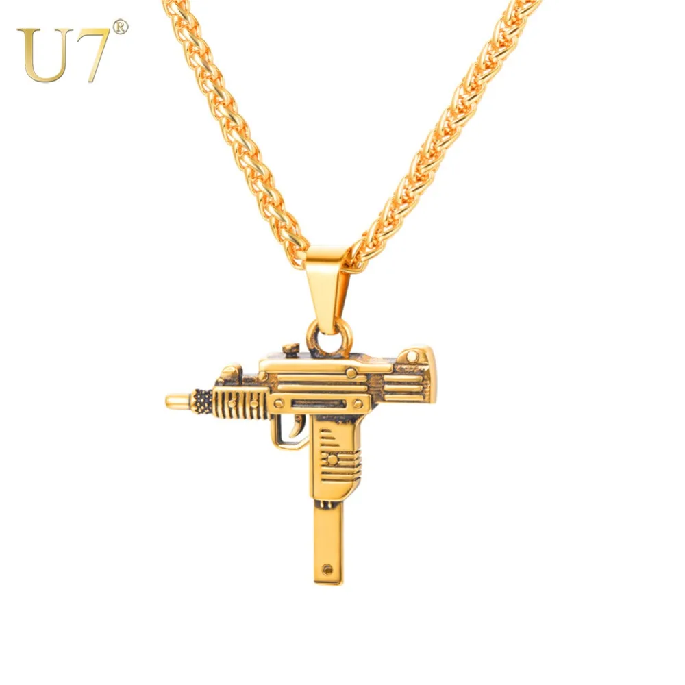 U7 UZI GUN Pattern Male Chain Necklace Gold/Black Color Stainless Steel Fashion Hip Hop Pendant Necklace For Men Jewelry P1159 U7 UZI GUN Pattern Male Chain Necklace Gold/Black Color Stainless Steel Fashion Hip Hop Pendant Necklace For Men Jewelry P1159