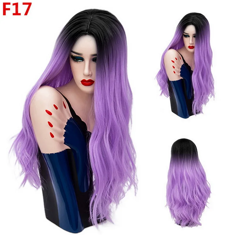 Fashion Long Wavy Ombre Hair Synthetic Wig Natural Wave Two Tone Black Grey Blue Green Grey Purple Wigs For Women 26 Models