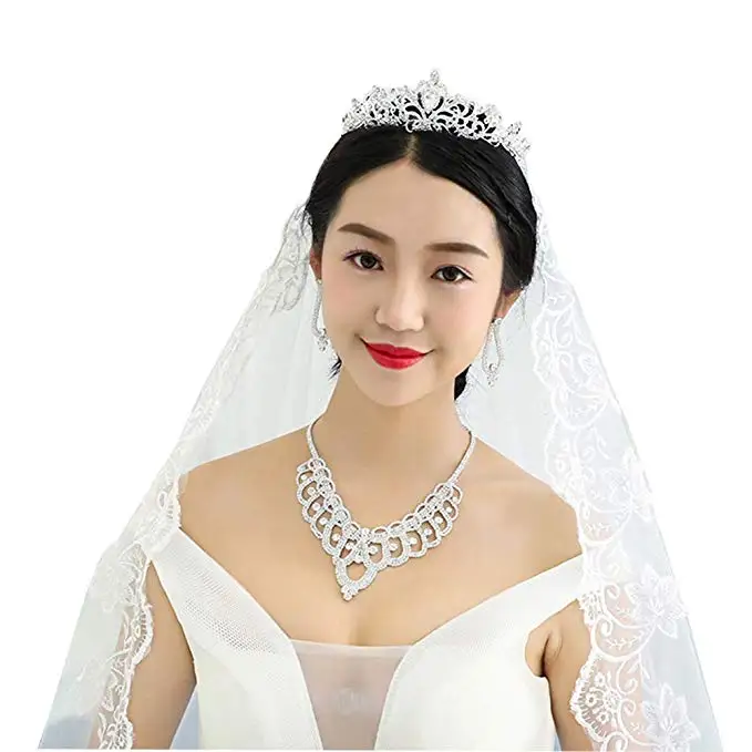  Sliver Plated Rhinestone Crystal Necklace Earrings Tiara 3pcs Jewelry Set for Bride Bridal Wedding Accessories (2)