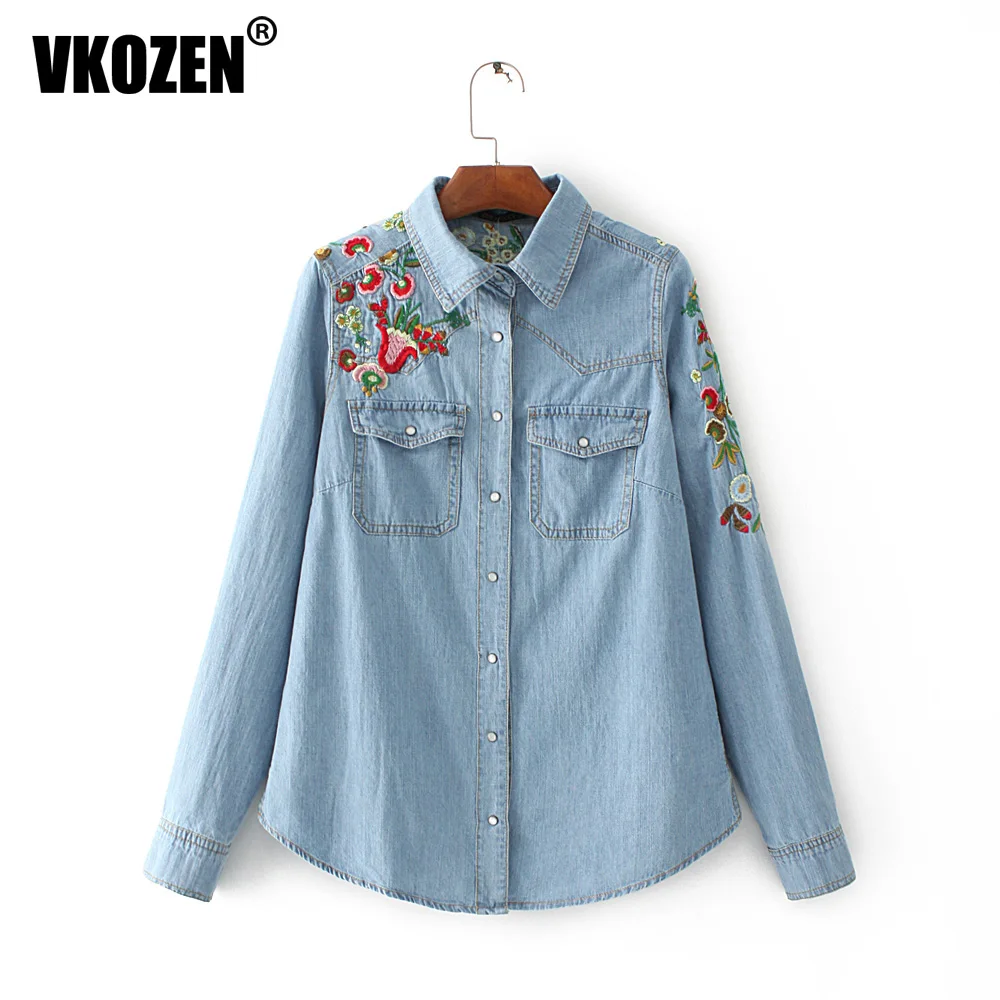 Stylish Floral Flower Pattern Embrodiery Denim Shirt Women Turn Down ...