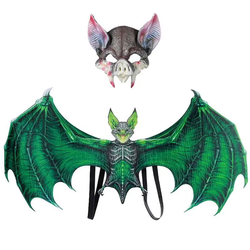 Праздничные вечерние карнавальные комплекты одежды на Хэллоуин, крылья вампира, летучей мыши, крылья, крылья, платье, крылья с маской для взрослых и детей - Цвет: Green