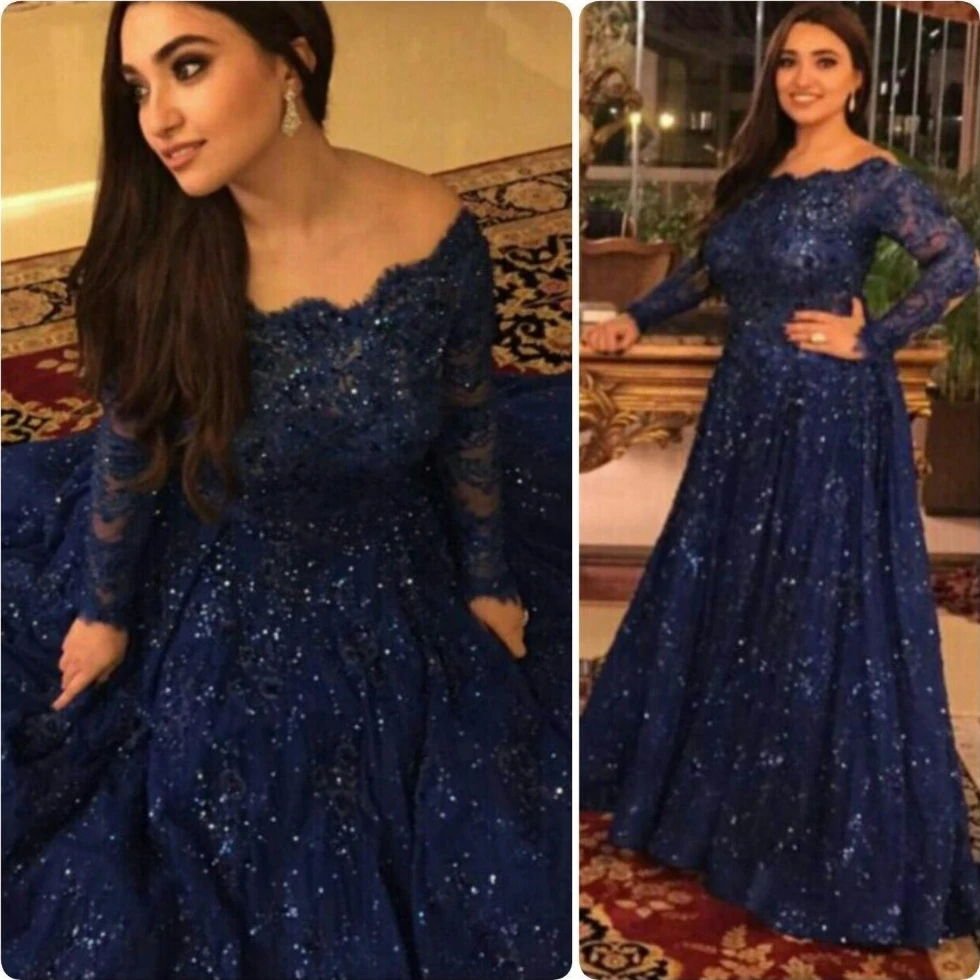 Indian Evening Gowns Dubai Arabic Muslim Long Sleeve Royal Blue Lace Winter Evening Dresses robe de