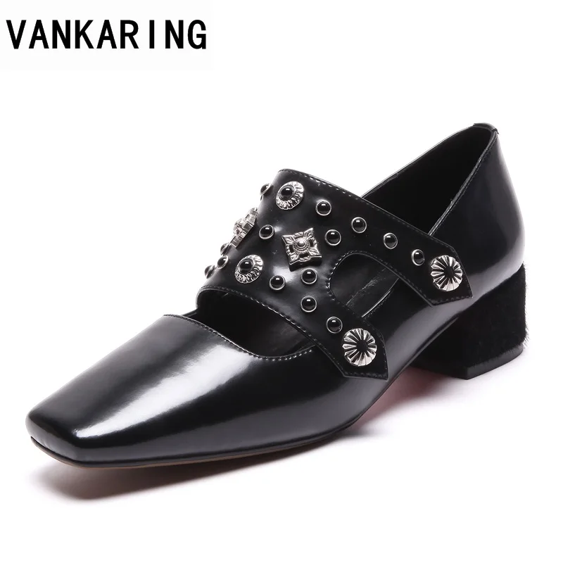 

VANKARING patent leather women pumps fashion punk style med heels rivets black brown spring summer shoes woman dress party pumps