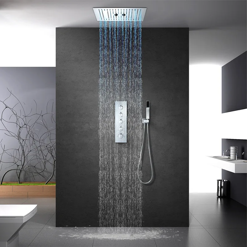 Embedded Ceiling Mounted Misty Shower Faucets Set 16 Inch Rainfall Showerhead Thermostatic Brass Shower Mixer Valve Bathroom