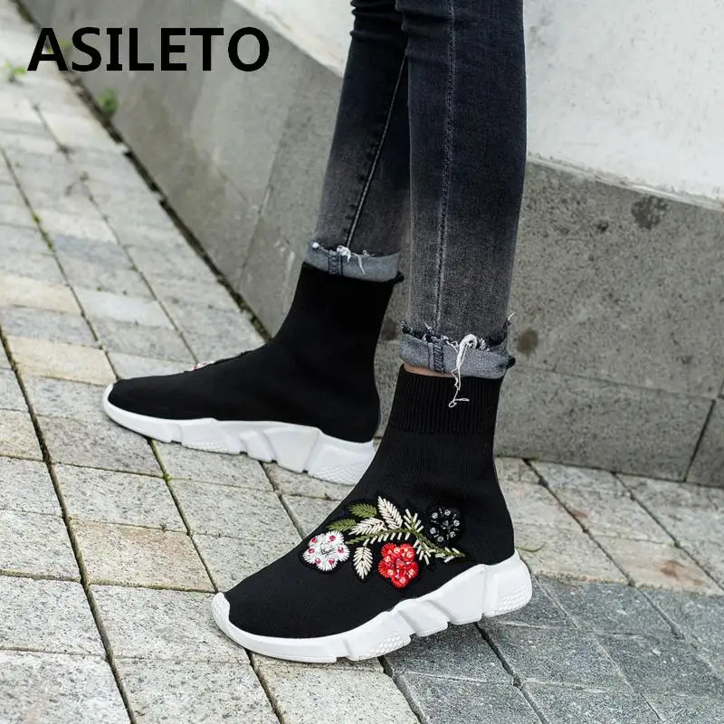

ASILETO Top quality ankle Boot Women soccer Socks boots Shoes Woman knitting boots embroider flower casual shoes botte botines