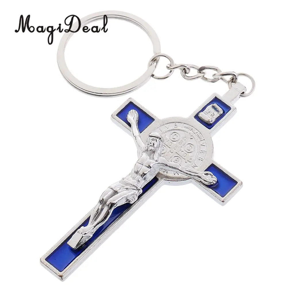 Crucifix Jesus Christ Cross Statue Figurine Keyring Car Home Chapel Decor Silver Blue
