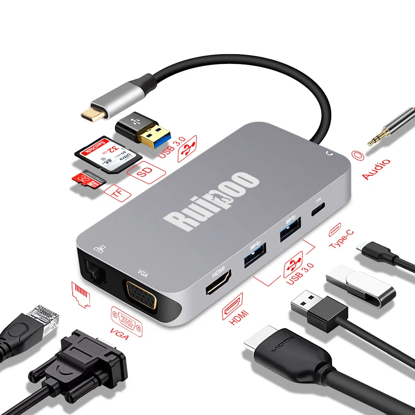 

Thunderbolt 3 USB C HUB Type-C to RJ45 VGA HDMI Audio Multi-Function Docking Station for Macbook Samsung S8 USB C HUB Adapter