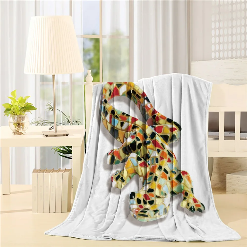 

Flannel Throw Blanket Lightweight Cozy Bed Sofa Soft Fabric,Sculptures Miniature Gaudi Lizard Mosaic Tiles Barcelona Decorative