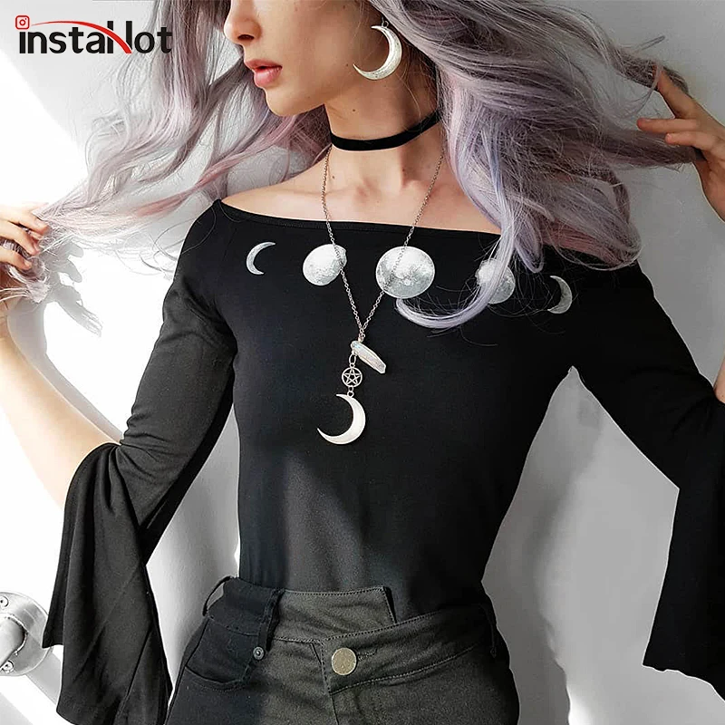 InstaHot القوطية انقسام مضيئة كم داخلية النساء القمر طباعة القطع الرقبة قبالة الكتف ثوب فضفاض الأسود الشرير مطاطا بارد وتتسابق