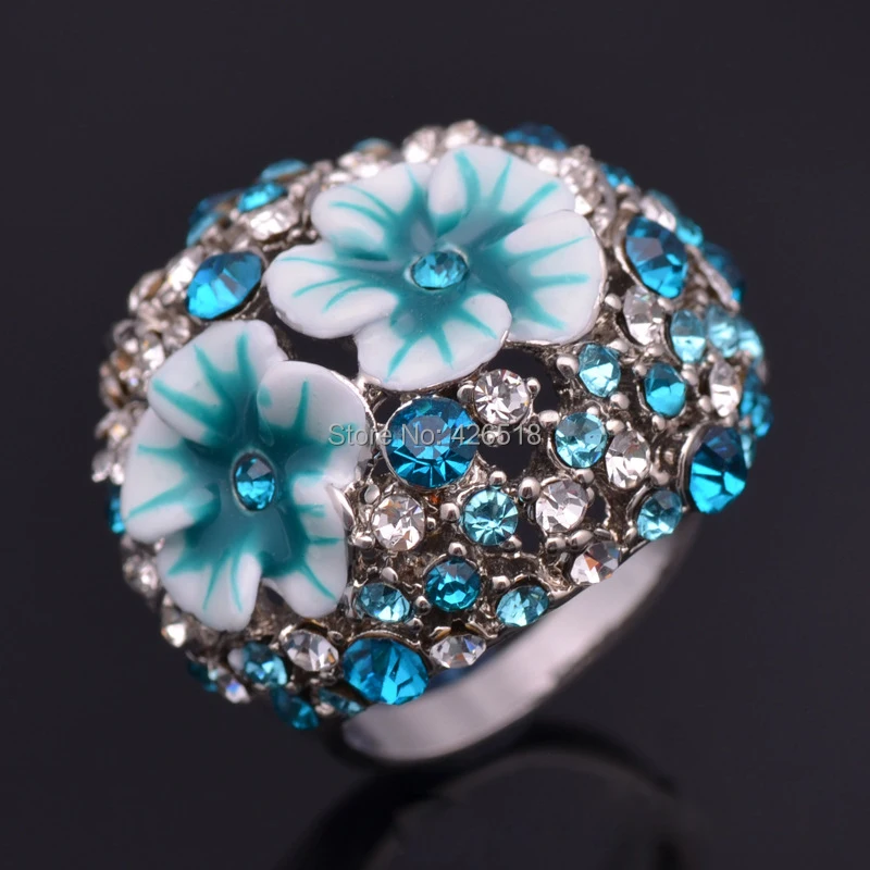 Buy New Blue Enamel Flower Wedding Rings Real Silver