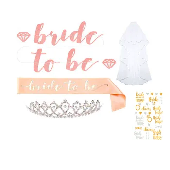 

New Hen Wedding Partydecoration Rose Gold Bride Tiara Crown & veil &sash&tatto Bachelorette Bridal Girls bride to be night