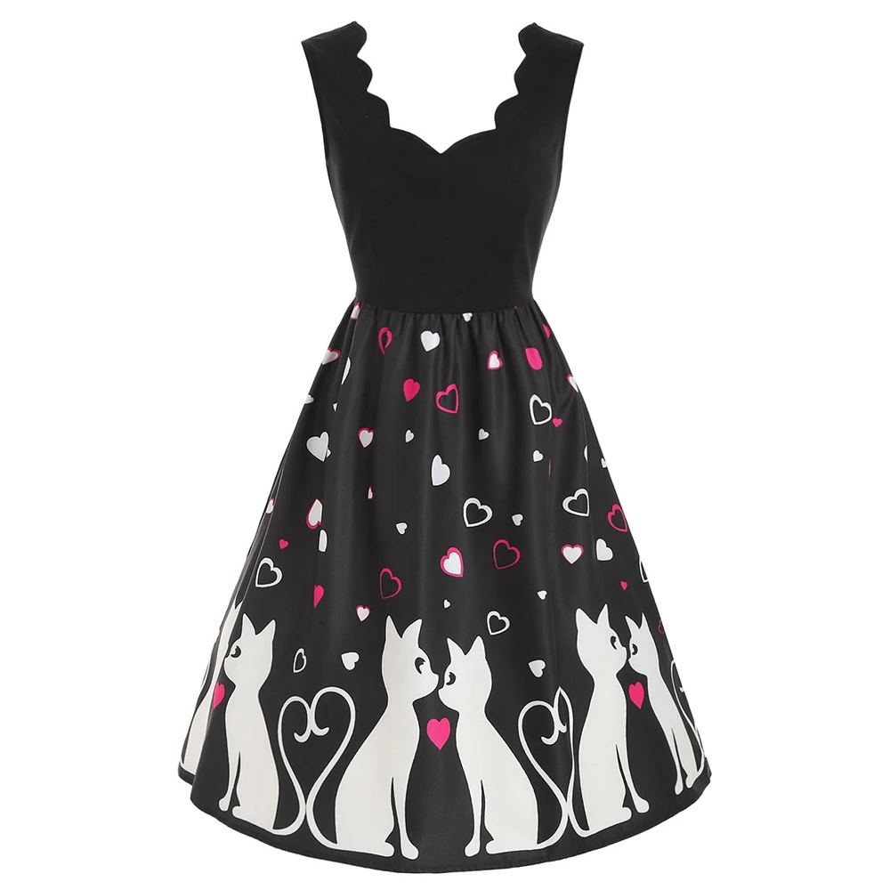 

2019 Fashion Dresses Summer Women Elegant Cats Heart Print Sleeveless Knee Length Ladies Vintage A Line Slim Party Dress