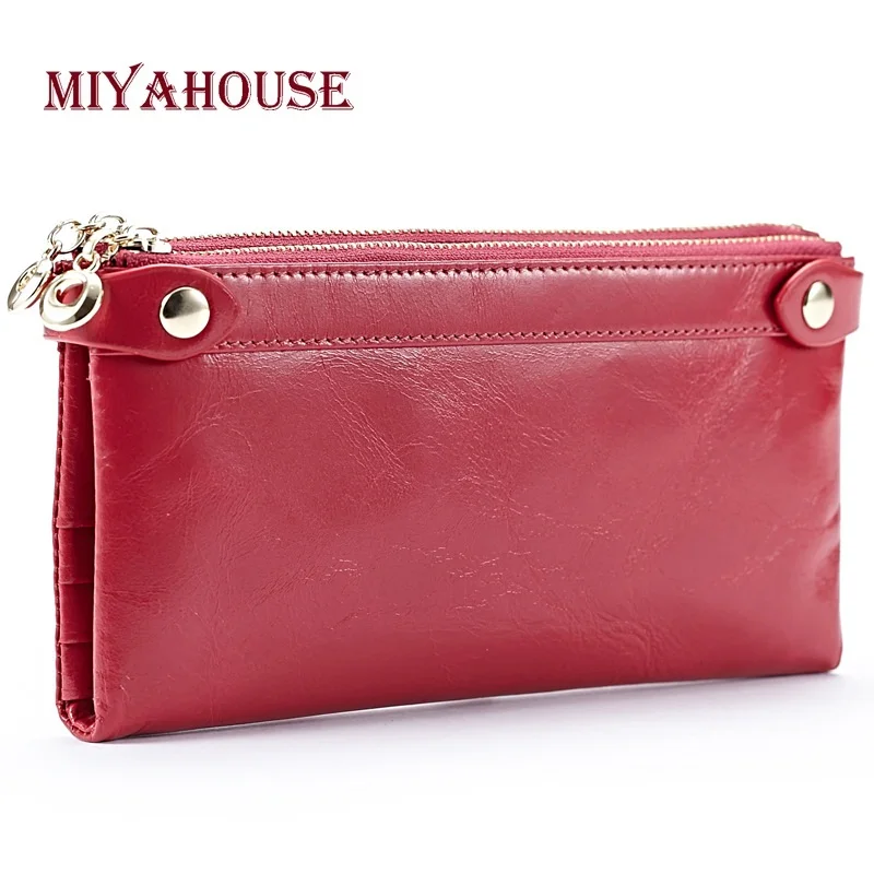 

High Quality Female Double Zipper Wallets Genuine Leather Long Purses For Women Clutch Bags Oil Wax Cowhide Cards Wallet