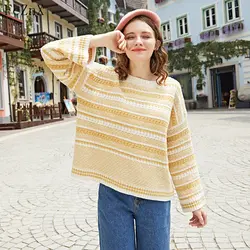 Осень 2018 свитер для женщин пуловеры вязаные в полоску с круглым вырезом в стиле пэчворк Длинные рукава свободные женская одежда