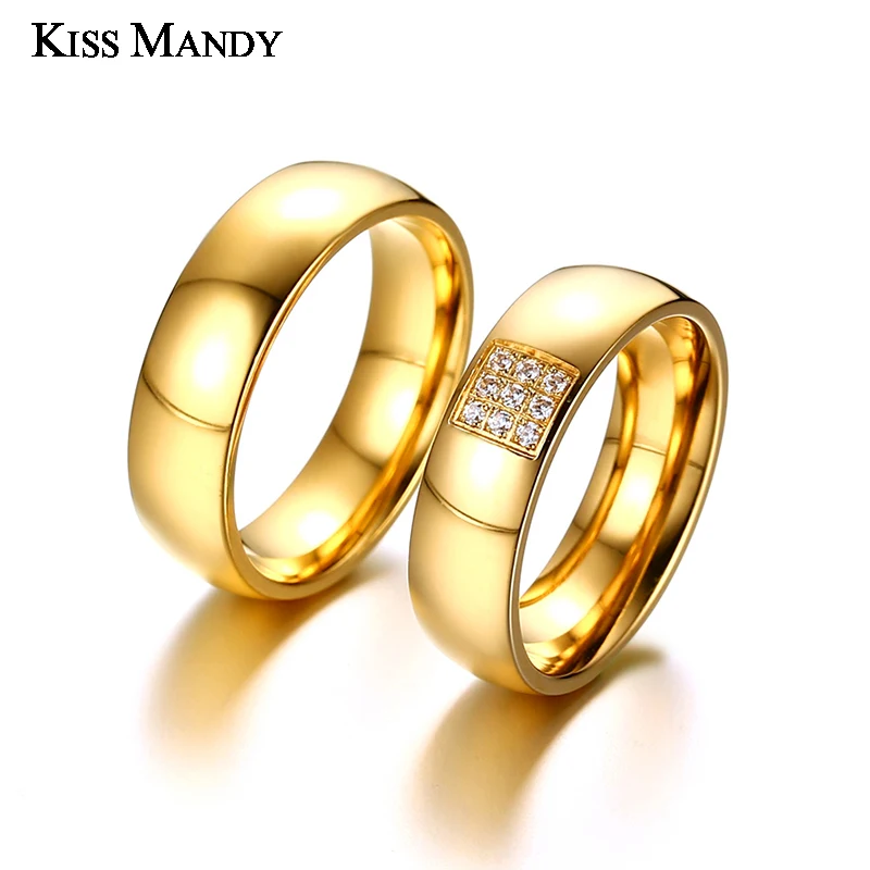 KISS MANDY Gold Stainless Steel Couple Promise Rings With 9 Pcs Zircons For Lovers Engagement Wedding Band Women Jewelry KR418