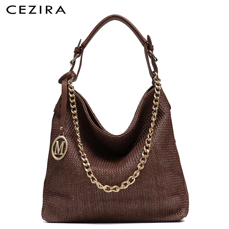 CEZIRA Large Fashion Brand Women Handbag Ladies Vegan Leather Straw Slouch Hobo Bag Metal Chain ...