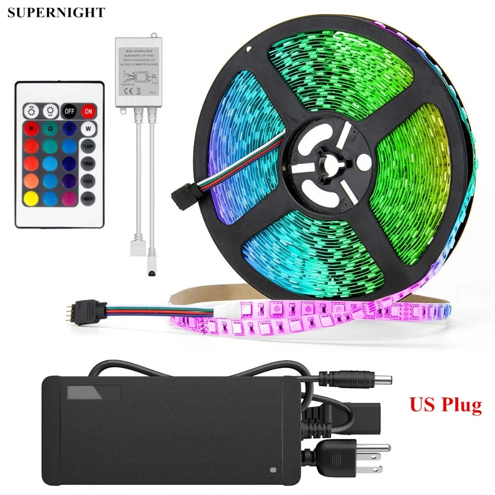 

SuperNight 10M 5050 RGB LED Strip Kit 60LEDs/m DC 24V Flexible Tape Light Lamp Band with 24 Keys Controller Power Adapter US EU