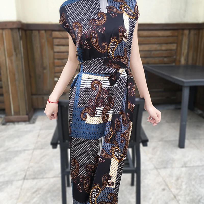 

Navy Blue Fake Silk Dress Women Sleeveless Floral Print Midi Party Dresses Bodycon Slim Zipped Back Robe Clothing 2019 Summer