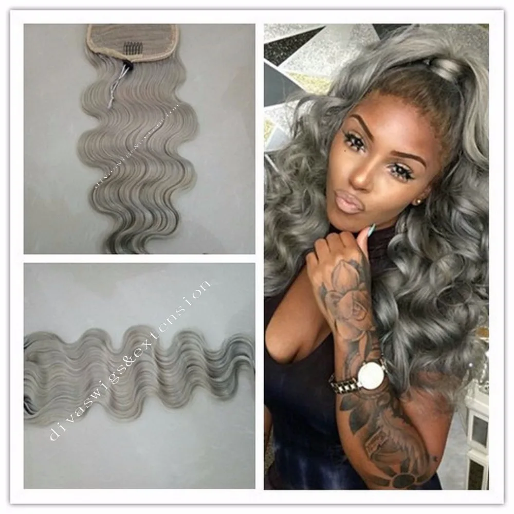 Body wave gray hair ponytail 100 virgin human hair grey wavy