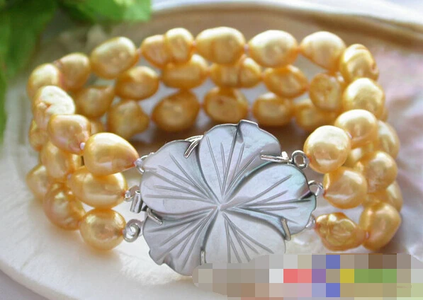 

free shipping 01203 3ROW YELLOW BAROQUE FRESHWATER CULTURED PEARL BRACELET