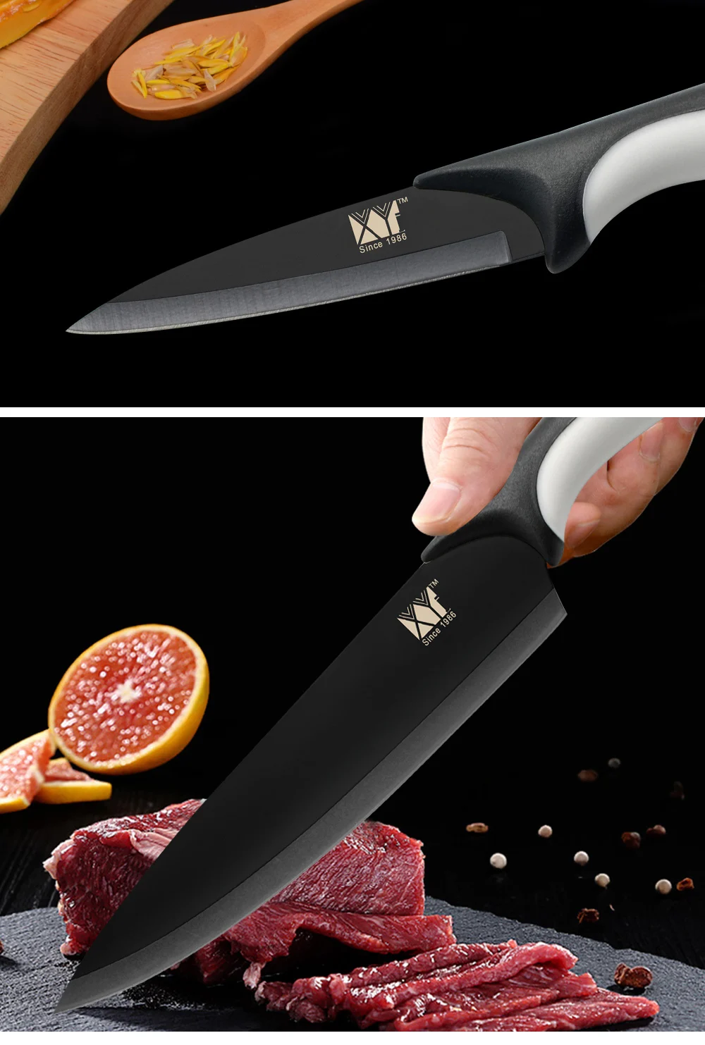 XYj Набор ножей для приготовления пищи из 6 предметов, черное лезвие из нержавеющей стали, удобная ручка, нож для нарезки хлеба, Santoku, нож для очистки овощей