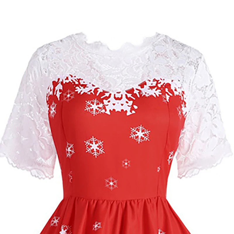 Kostlich Print Lace Pathchwork Dresses Hepburn Half Sleeves Vintage Dress Big Women Swing Christmas Dress Plus Size S-2XL (3)