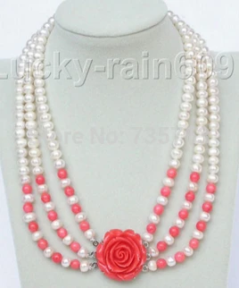 

NEW 0015528 17"-20" 7-8mm 3row round white freshwater pearls pink coral necklace