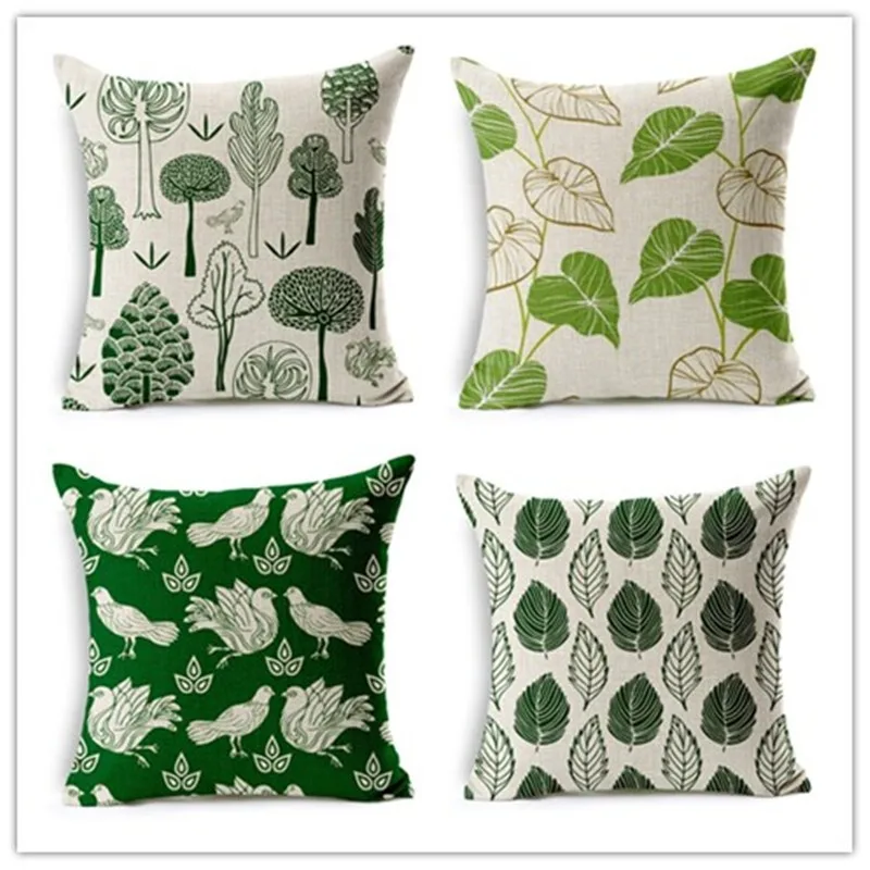 New Design Tropical Leaves Green Tree Decor Cushion Cover Linen Cotton Sofa Throw Pillow Case