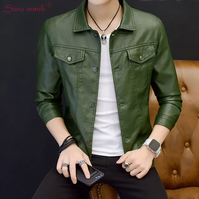 2018 chaqueta de cuero verde para hombre chaqueta negra