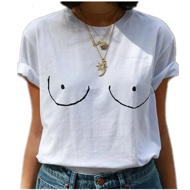 2017 смешной принт поддельные большой груди бюстгальтер Футболка Летний стиль