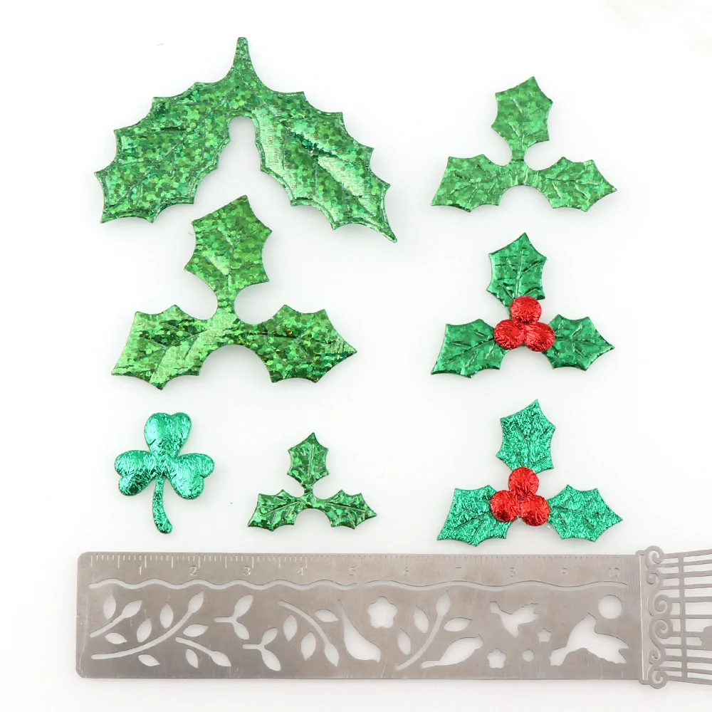 Christmas Tree Decoration 100 Pcs Fabric Laser Shiny Sequins Red Fruit Green Leaves DIY Art Fabric Accessory