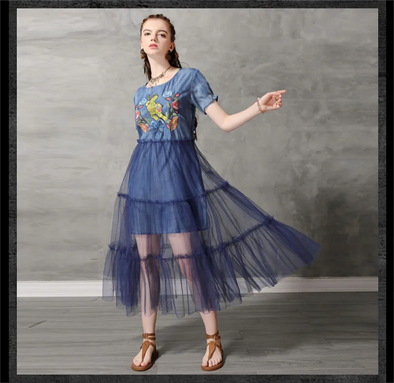 Summer Sexy Mesh Dress 2019 Vintage Women Denim Dresses Tiger Embroidery Chiffon Patchwork Vestido O-neck Dress KE82176 (12)