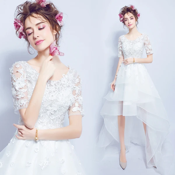 

Wedding dress 2019 Tulle and Lace with Appliques Summer Wedding dress Short Front Long Back vestido de noiva White Bridal Dress