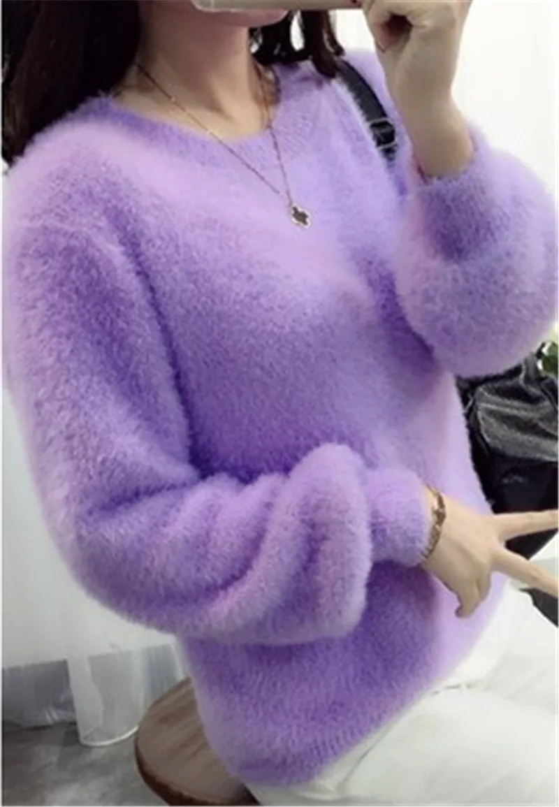 Pull Femme Pullover Women Sweaters And Pullovers 2018 Cashmere Sweater knitted Winter Warm Pink Sweater Jumper Mohair Fur LJ0971